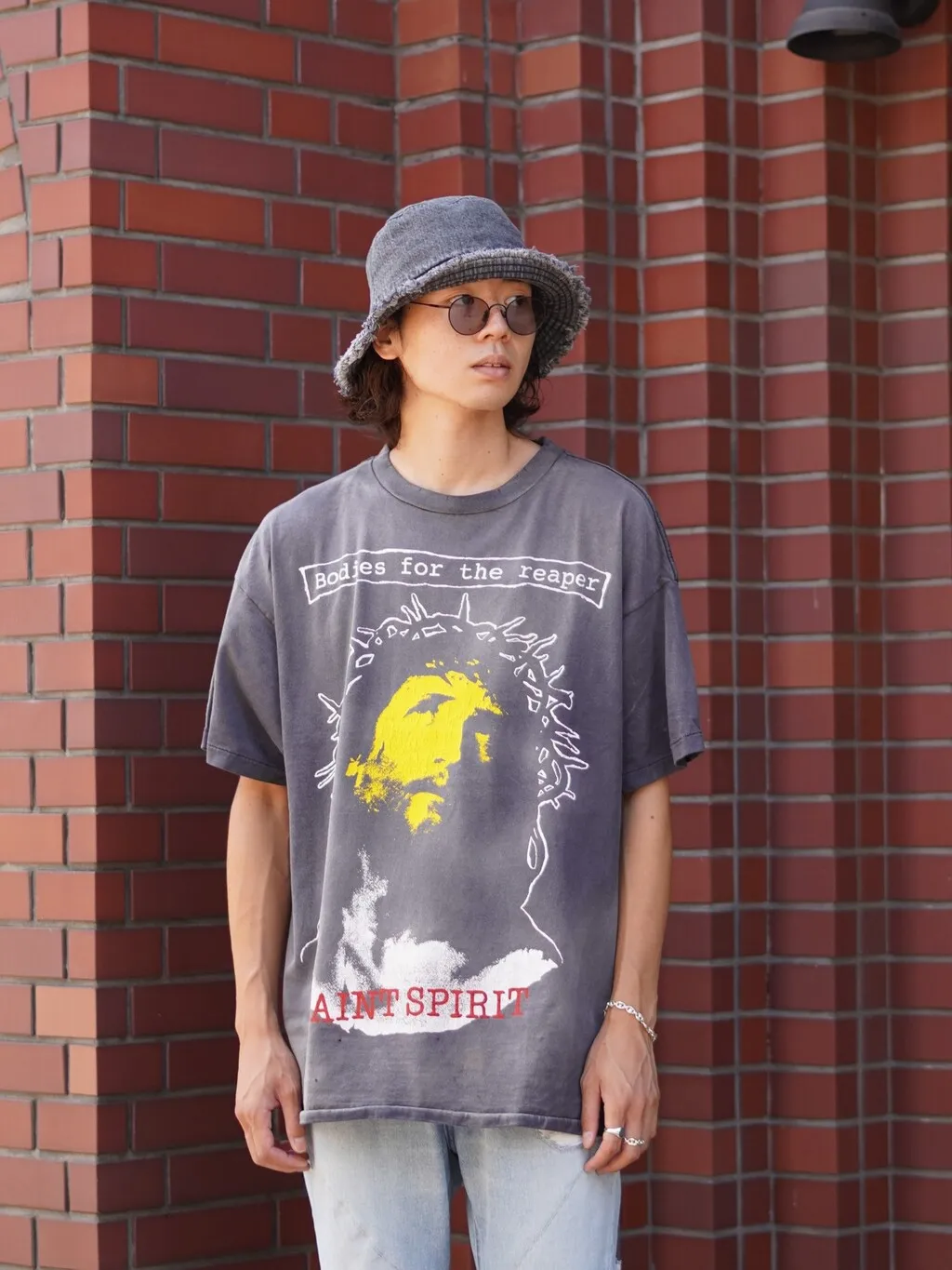 SAINT MICHAEL SS TEE/B FOR REAPER Jesus Hell's Angels Washed and Distressed Short Sleeves Washed Black S-XL Garment Dyed Printed Washed and Distressed